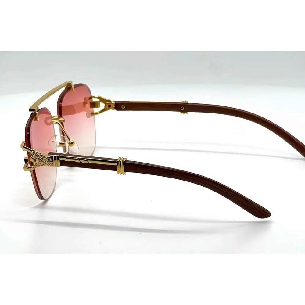 Pink Gradient Rimless‎ Square Women Sunglasses Gold Panther Wood Grain Temples